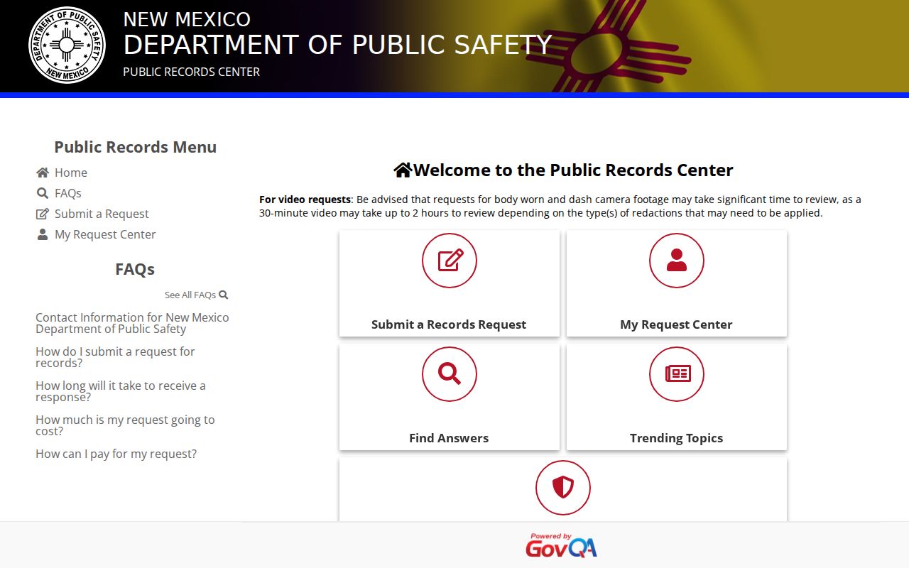 New Mexico warrant records request portal, Department of Public Safety