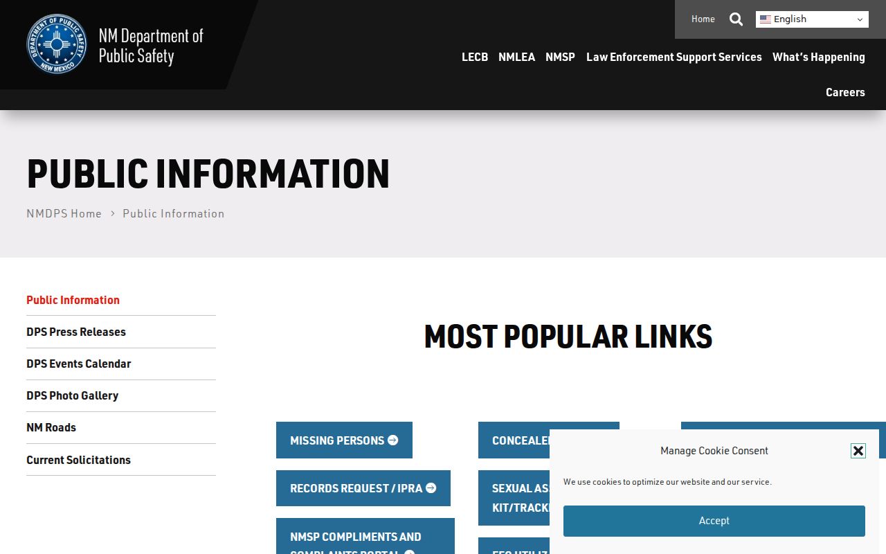 New Mexico DPS public information page for warrant records and agency requests