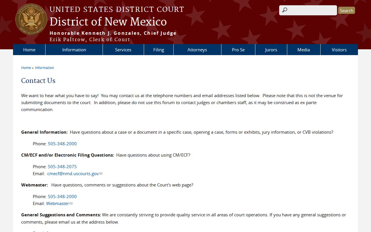 New Mexico federal court locations and Clerk contact information for warrant case questions