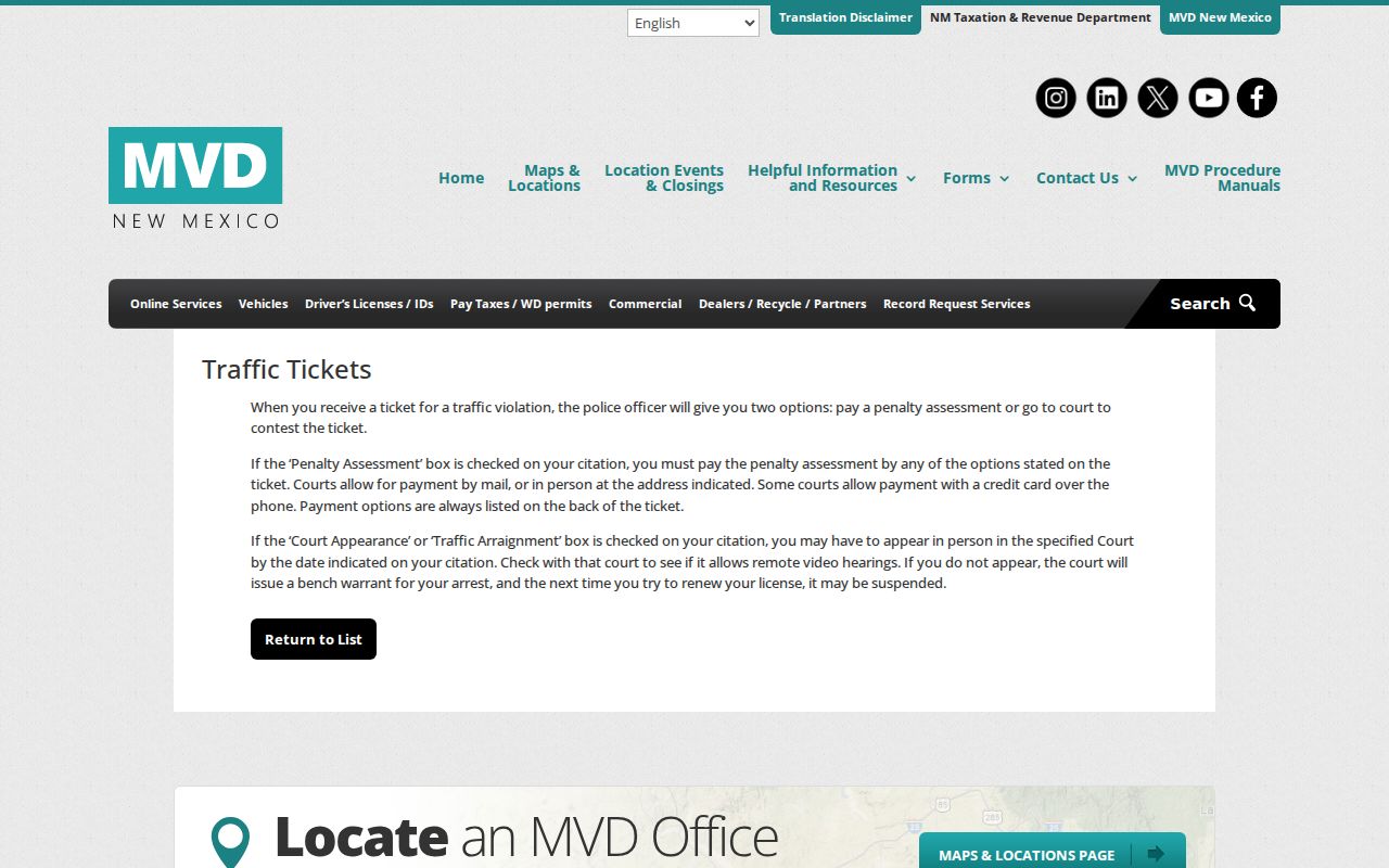 New Mexico MVD traffic-ticket guidance