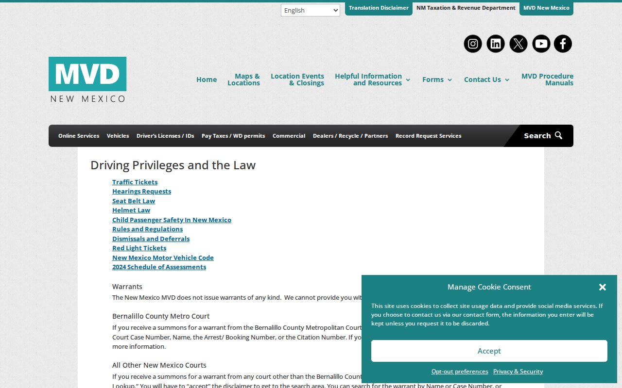 New Mexico MVD statement on driving privileges and warrants