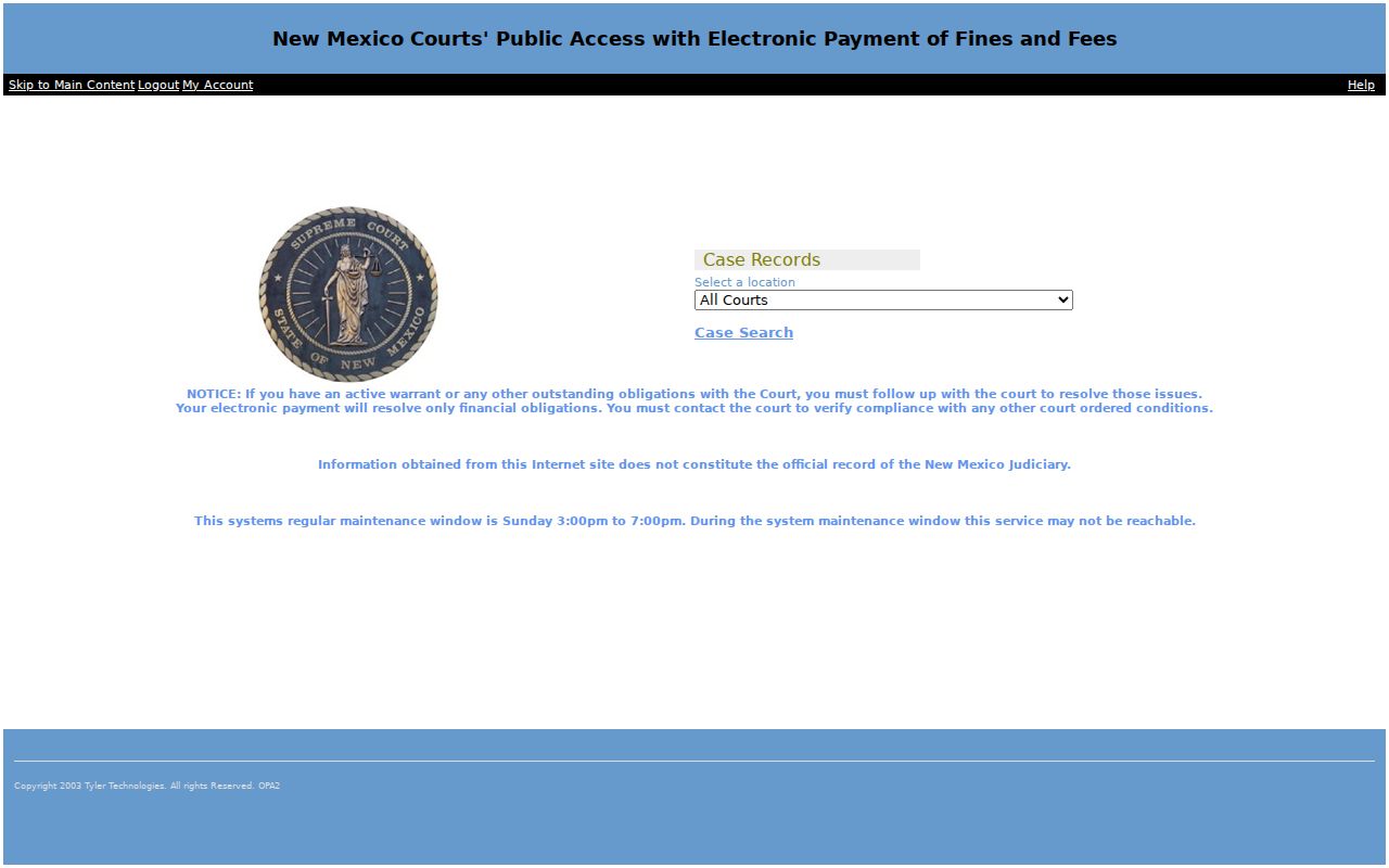New Mexico Judiciary payment portal notice about court obligations