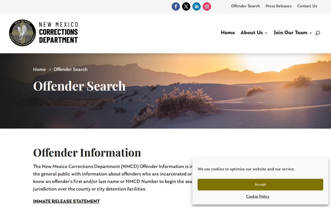 New Mexico warrant records research, Corrections offender search landing page